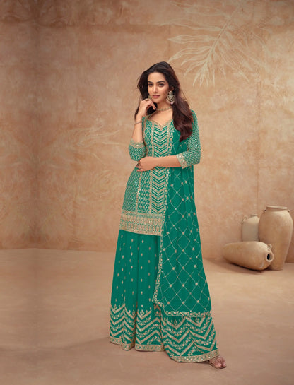 Teal Green Chinon Silk Embroidery Plazzo Suit