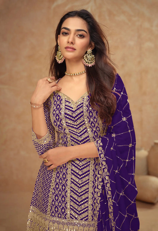 Dark Purple Chinon Silk Embroidery Plazzo Suit