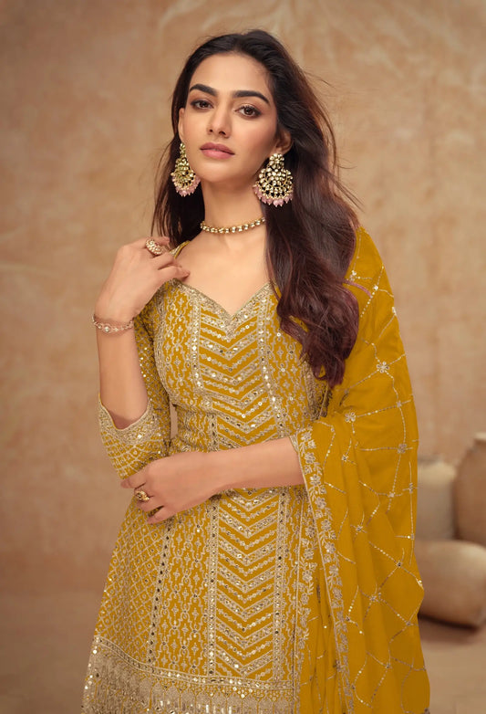 Mustard Chinon Silk Embroidery Plazzo Suit