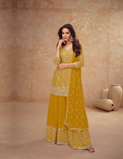 Mustard Chinon Silk Embroidery Plazzo Suit