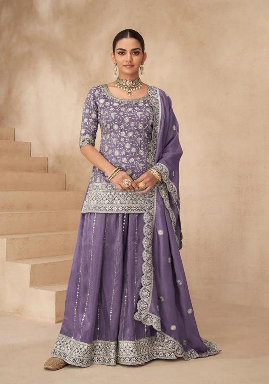 Dusty Purple Shimmer Silk Embroidery Work Palazzo Suit
