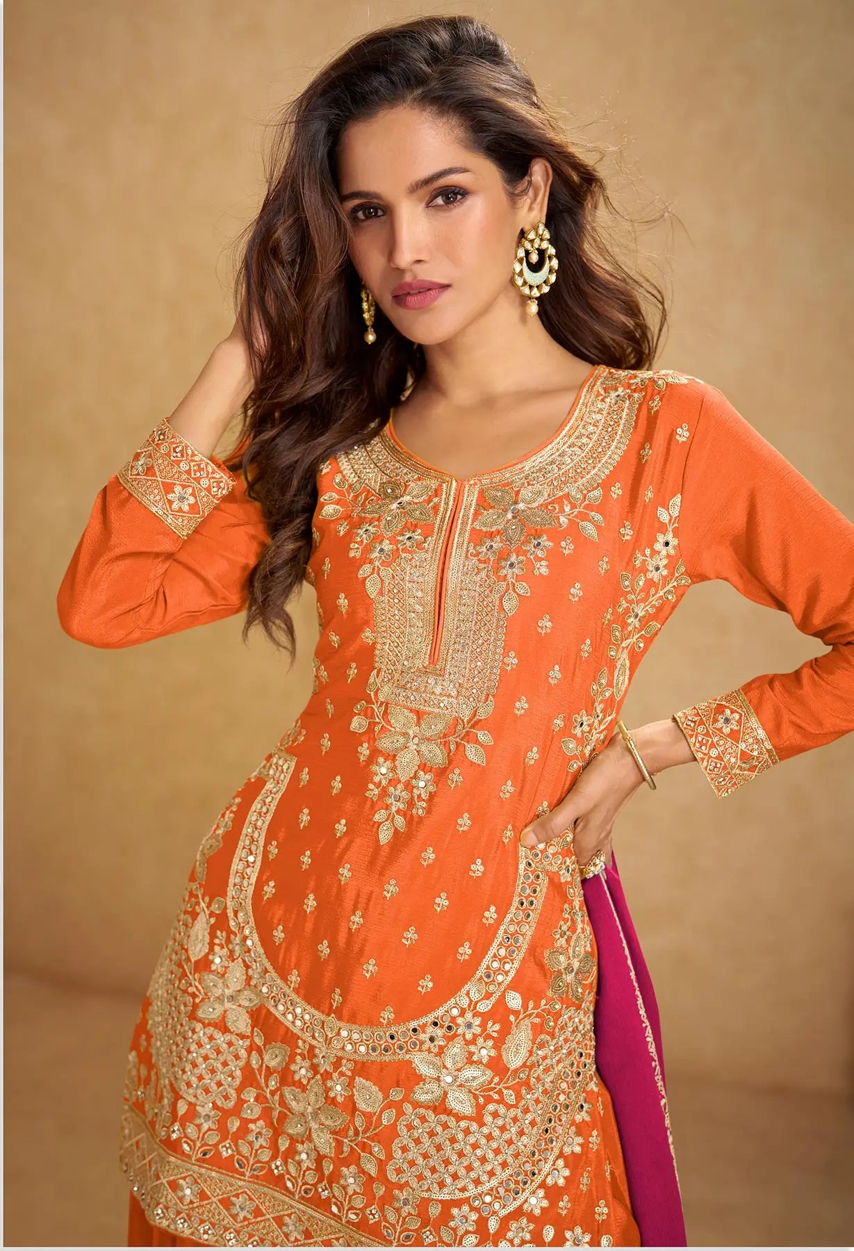 Orange Chinon Silk Palazzo Suit With Mirror & Embroidery Work