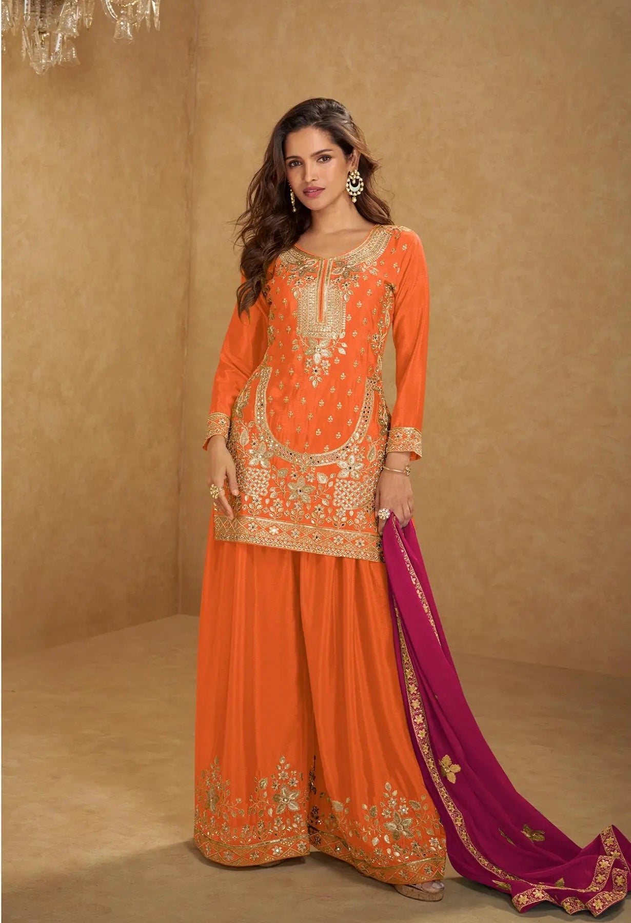 Orange Chinon Silk Palazzo Suit With Mirror & Embroidery Work