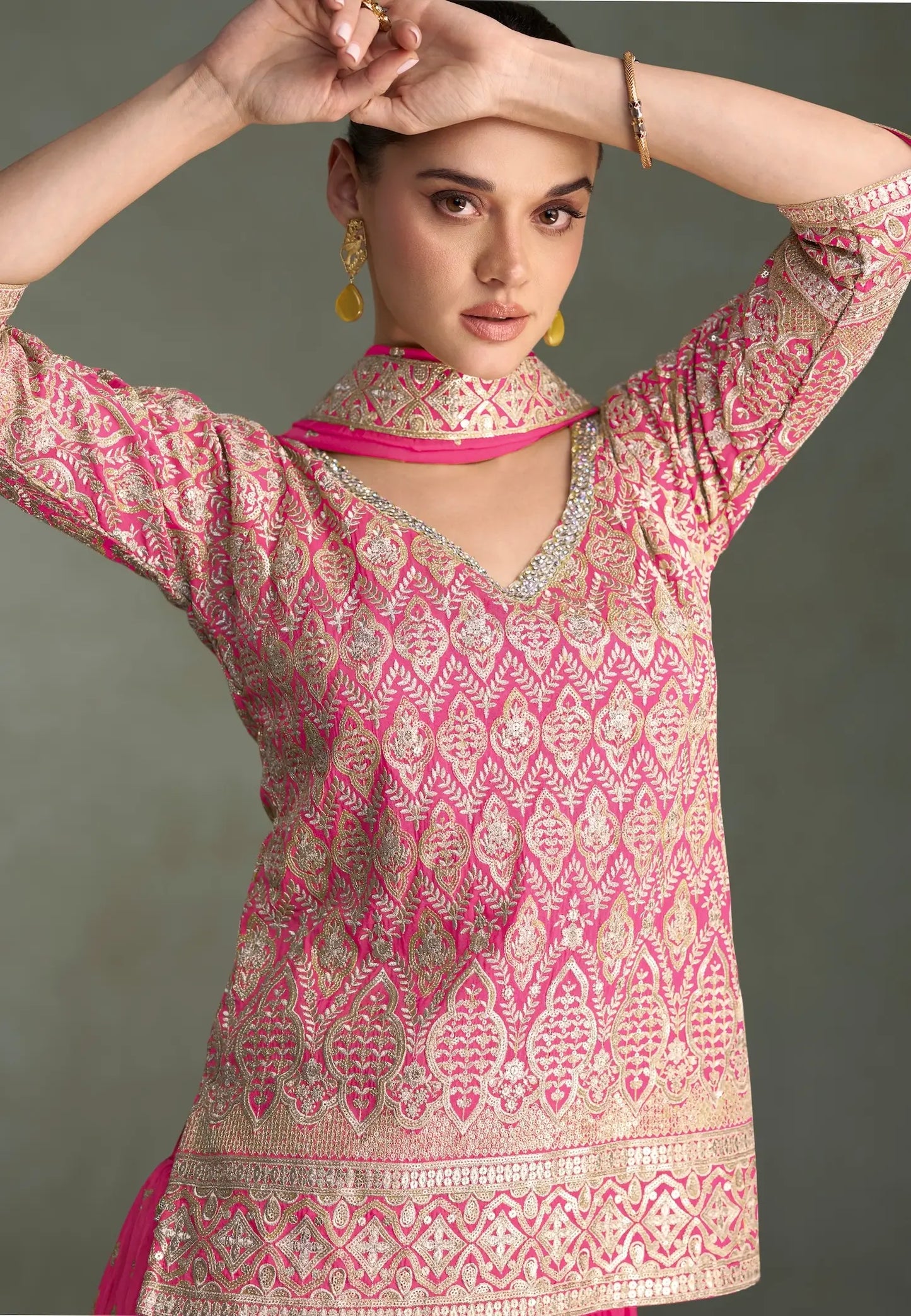 Hot Pink Shimmer Silk Embroidery Palazzo Suit