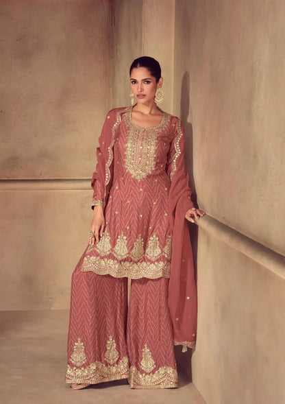 Rust Brown Chinon Silk Print & Embroidery Work Palazzo Suit