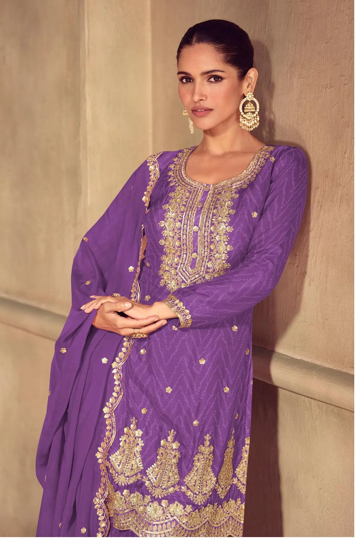 Purple Chinon Silk Print & Embroidery Work Palazzo Suit