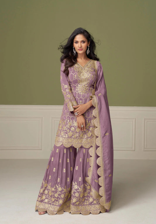 Dull Purple Shimmer Silk Sharara Suit With Mirror & Embroidery Work