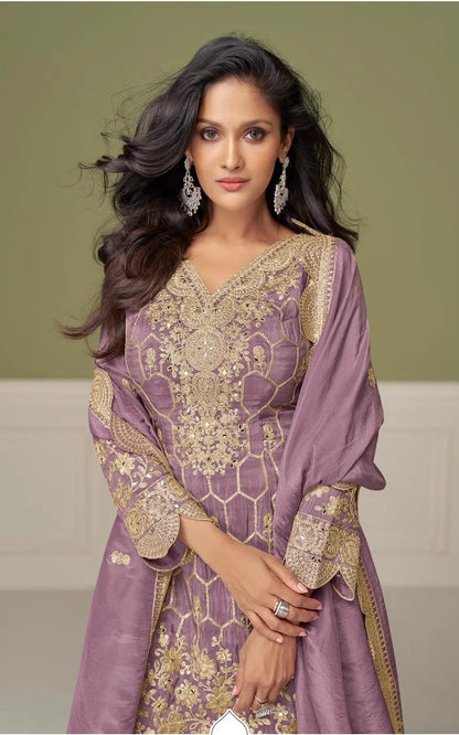 Dull Purple Shimmer Silk Sharara Suit With Mirror & Embroidery Work