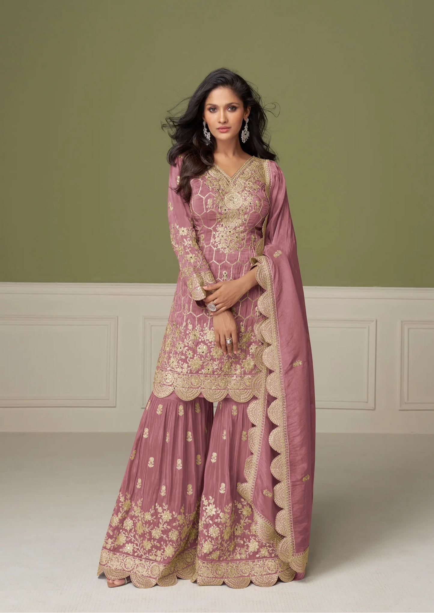 Dusty Pink Shimmer Silk Sharara Suit With Mirror & Embroidery Work