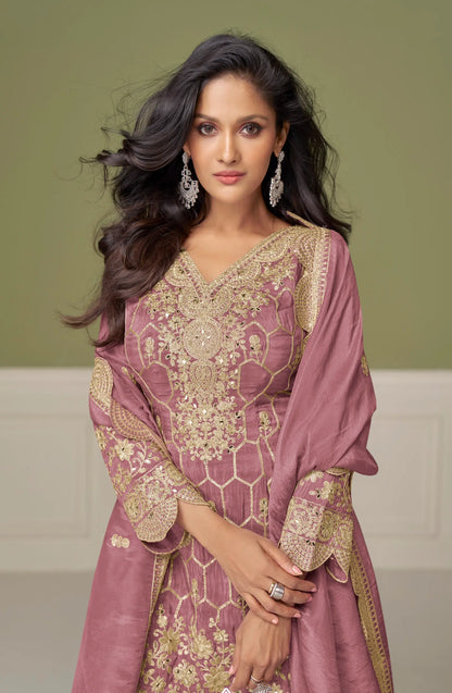 Dusty Pink Shimmer Silk Sharara Suit With Mirror & Embroidery Work