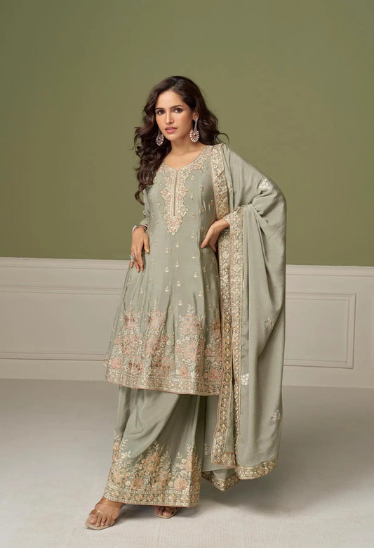 Olive Grey Chinon Silk Embroidery Work Palazzo Suit