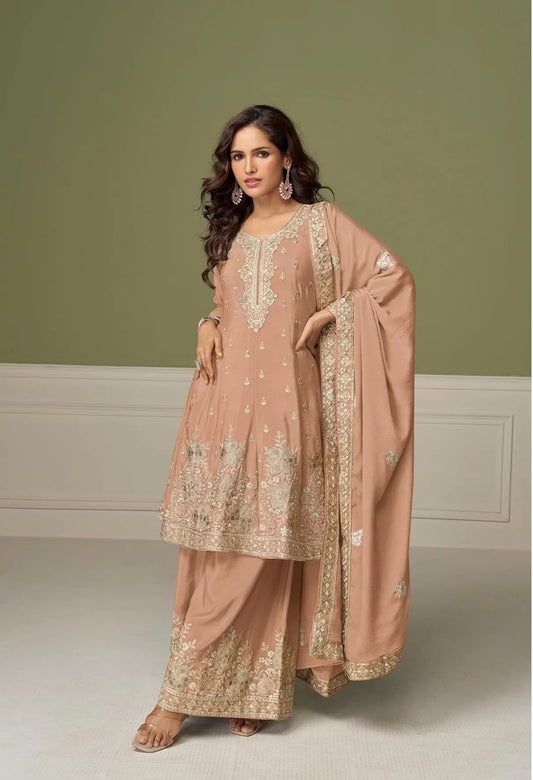 Dusty Peach Chinon Silk Embroidery Work Palazzo Suit