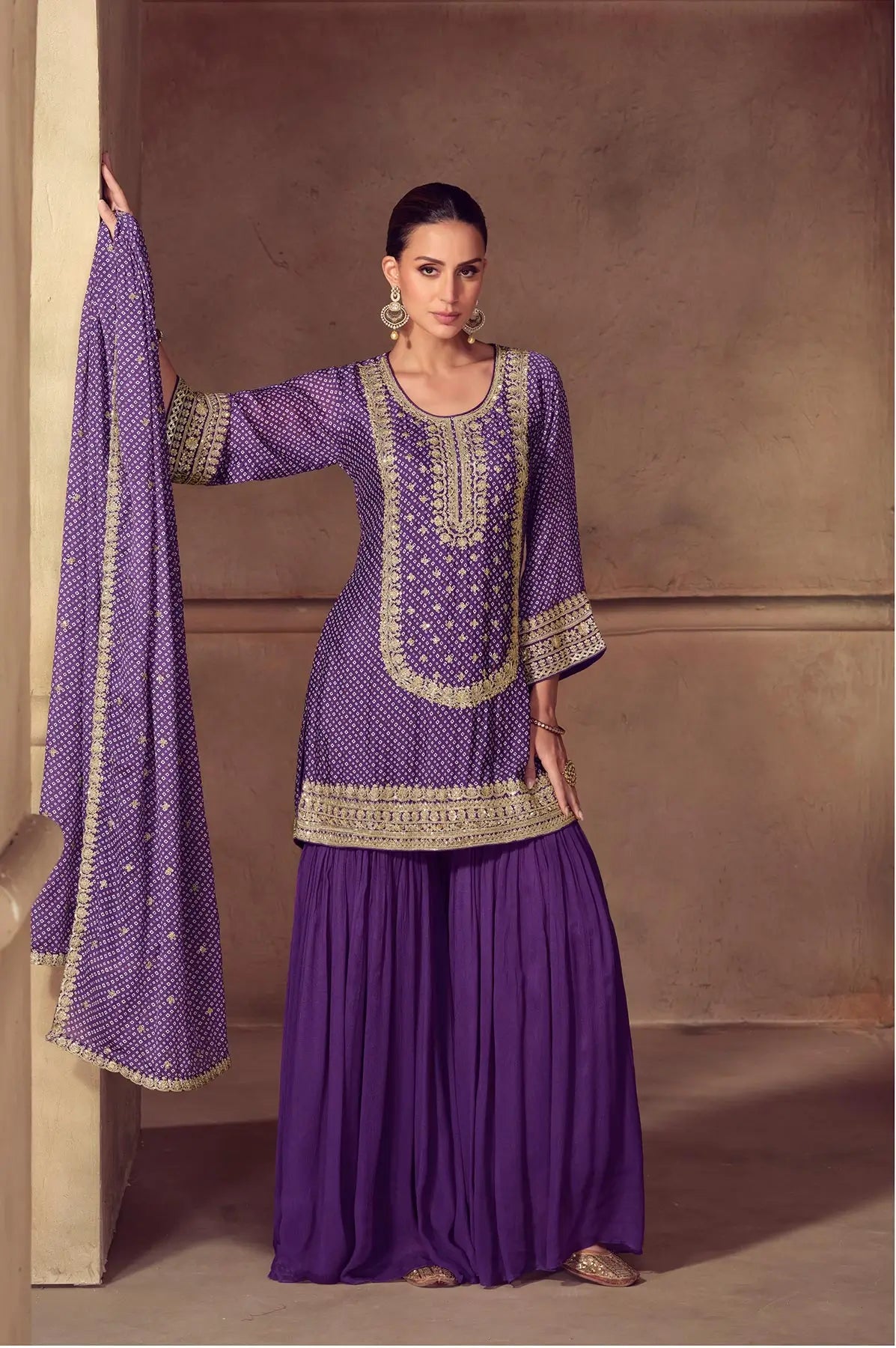 Plum Purple Chinon Silk Print & Embroidery Work Sharara Suit