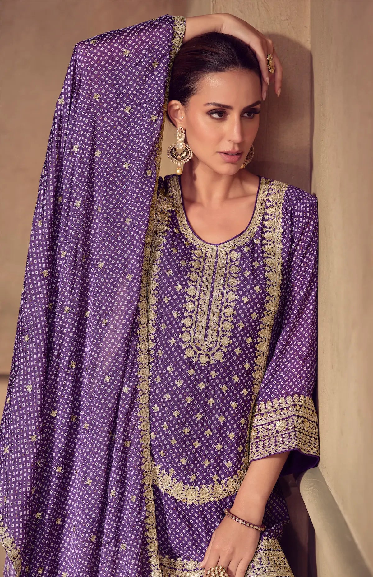 Plum Purple Chinon Silk Print & Embroidery Work Sharara Suit