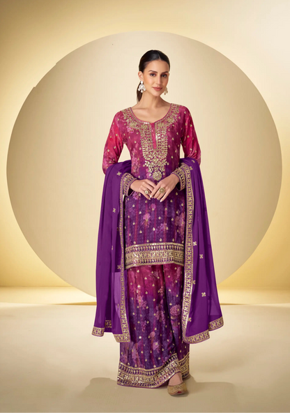 Purple Chinon Silk Palazzo Set With Print, Embroidery & Hand Work