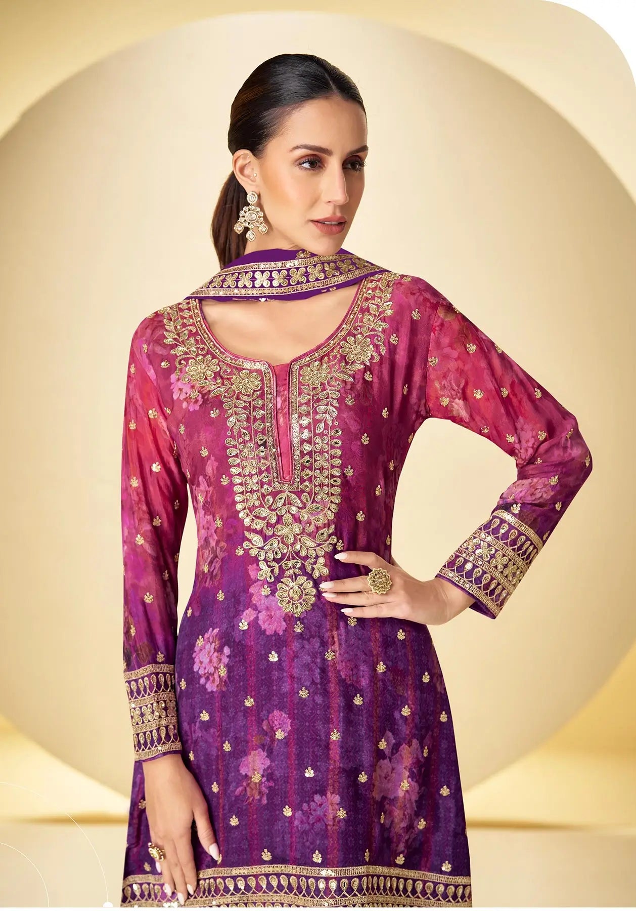 Purple Chinon Silk Palazzo Set With Print, Embroidery & Hand Work