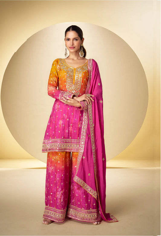 Hot Pink Chinon Silk Palazzo Set With Print, Embroidery & Hand Work