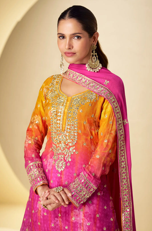 Hot Pink Chinon Silk Palazzo Set With Print, Embroidery & Hand Work