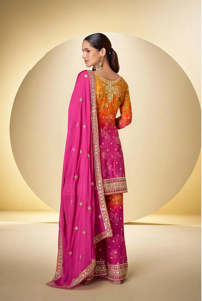 Hot Pink Chinon Silk Palazzo Set With Print, Embroidery & Hand Work