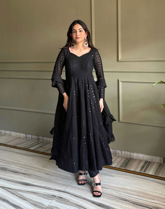 Black Georgette Lukhnowi Work Gown