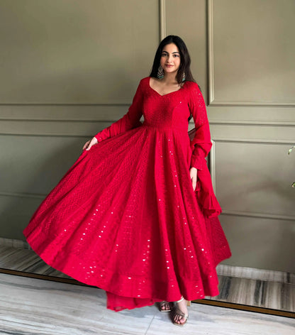 Maroon Red Georgette Lukhnowi Work Gown