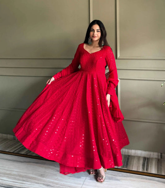 Maroon Red Georgette Lukhnowi Work Gown
