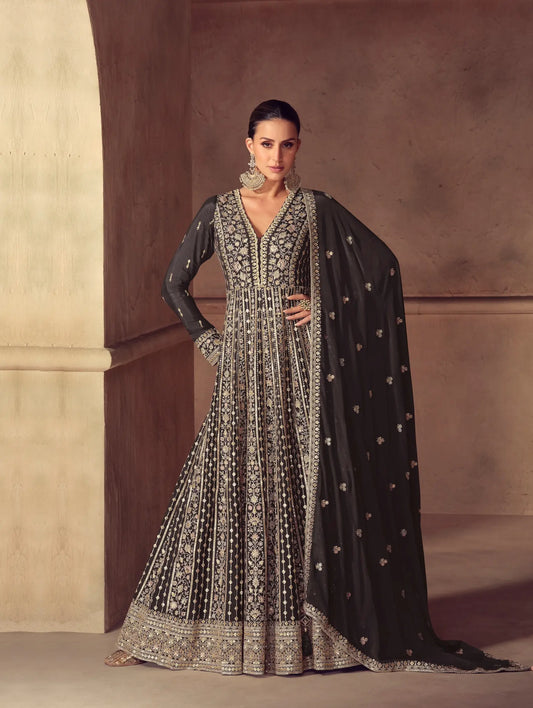 Charcoal Grey Chinon Silk Embroidery Gown