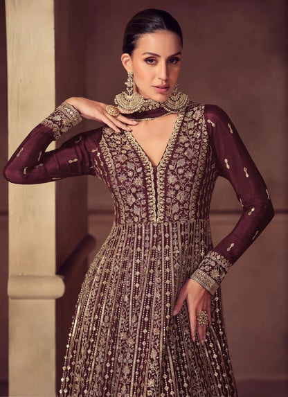 Congo Brown Chinon Silk Embroidery Gown