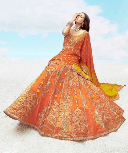Orange Silk Designer Patch & Embroidery Work Lehengas For Bride