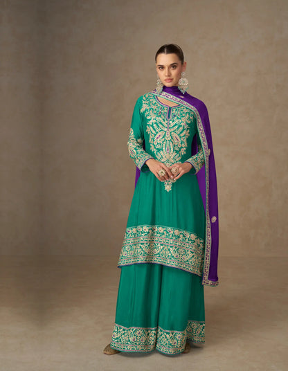 Pine Green Chinon Silk Embroidery Palazzo Suit