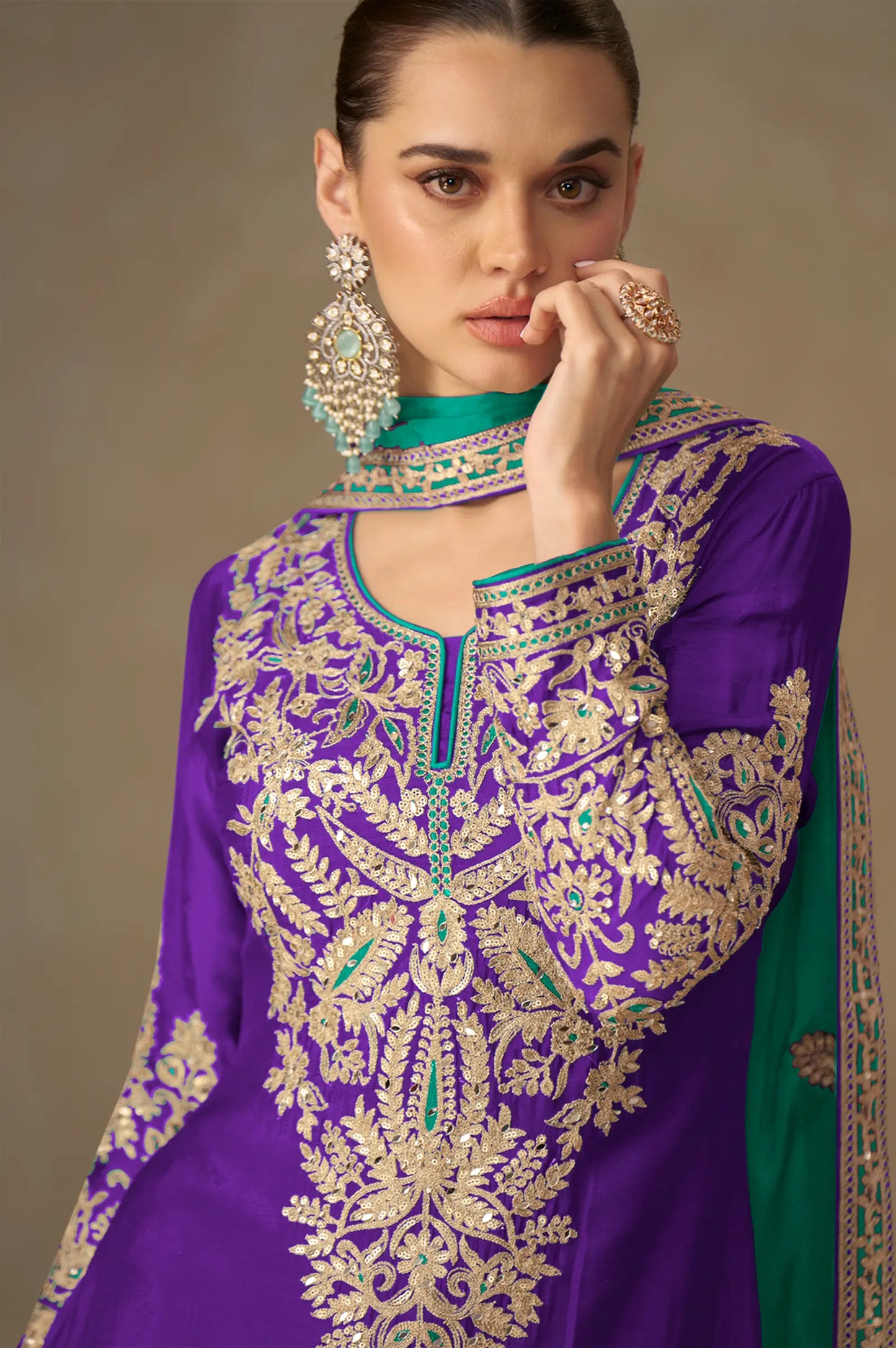 Iris Purple Chinon Silk Embroidery Palazzo Suit