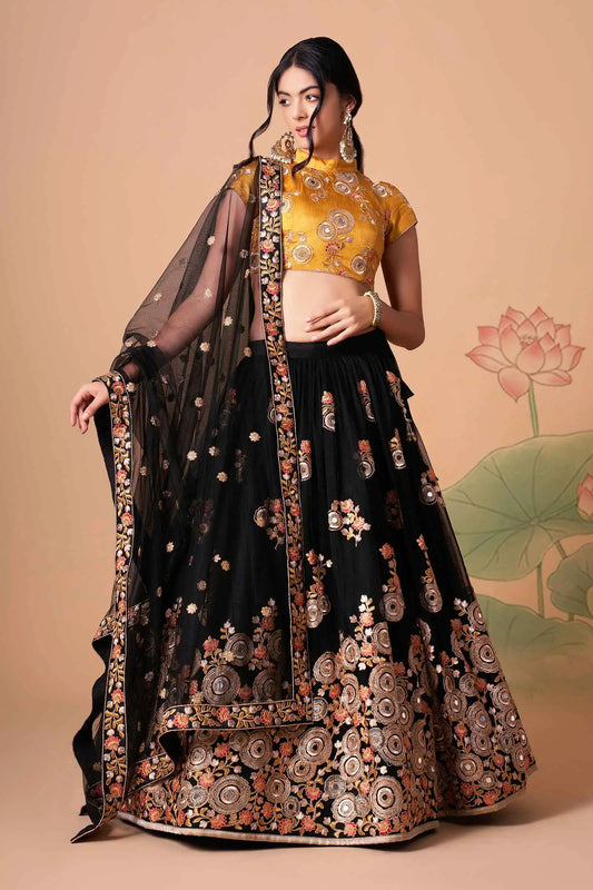 Black Soft Net Lehenga With Thread Zari Dori And Sequins Embroidery With Mirror Work