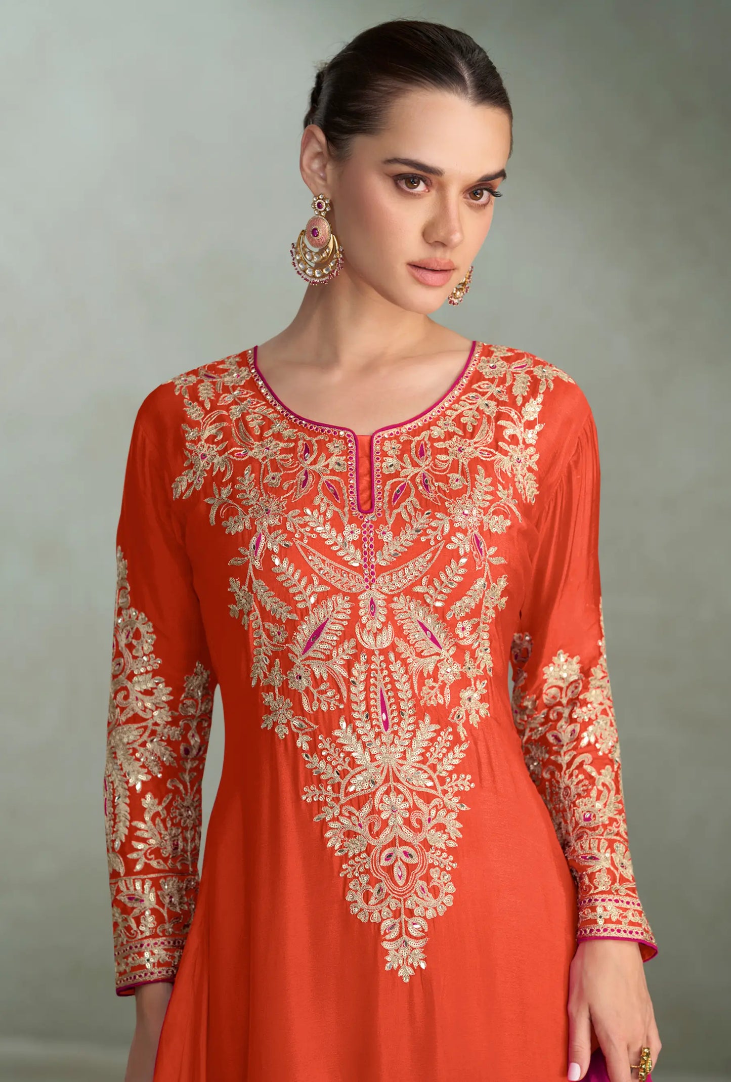 Vivid Orange Chinon Silk Embroidery Palazzo Suit