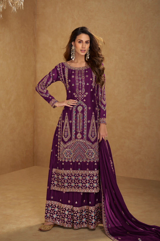 Wine Salwar Suit in Real Chinon With Embroidery Work