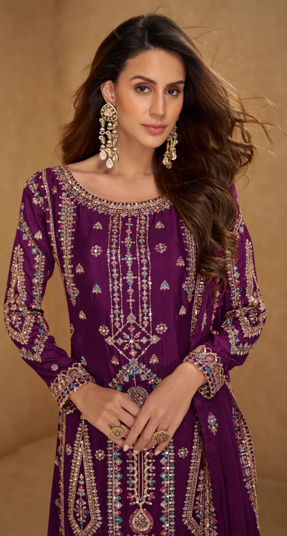 Wine Salwar Suit in Real Chinon With Embroidery Work