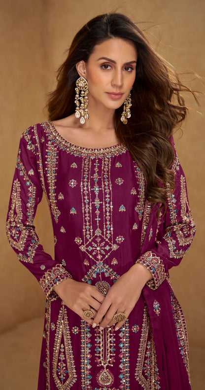 Marron Salwar Suit in Real Chinon With Embroidery Work