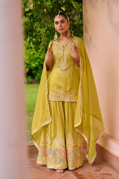 Lemon Yellow Chinon Embroidery Salwar suit