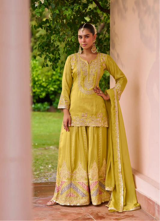 Lemon Yellow Chinon Embroidery Salwar suit