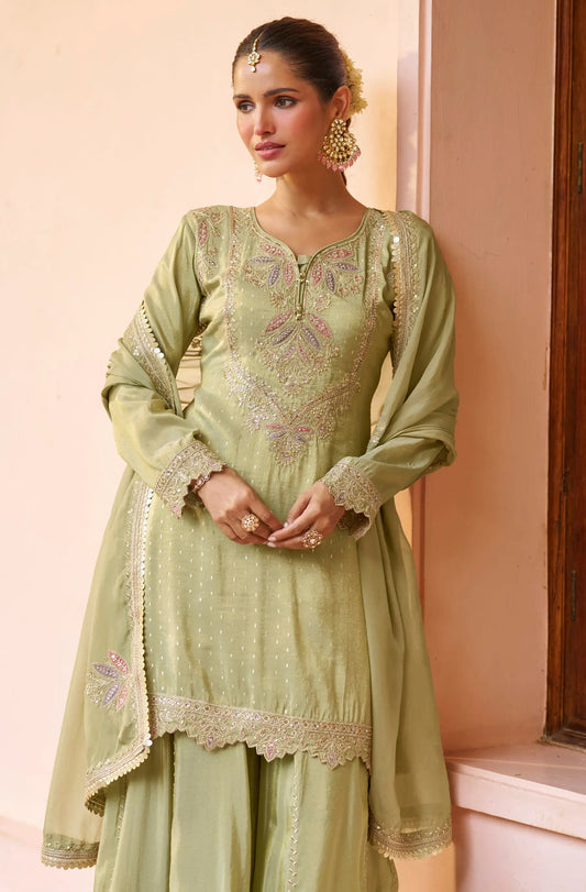 Tea Green Chinon Embroidery Salwar suit