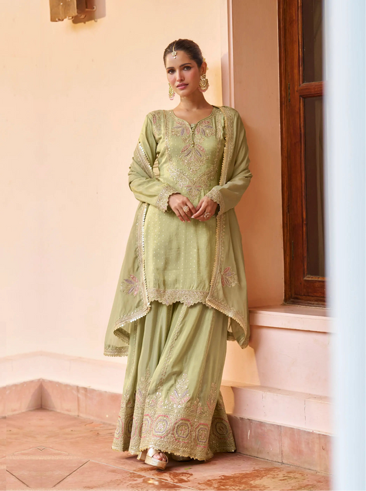 Tea Green Chinon Embroidery Salwar suit
