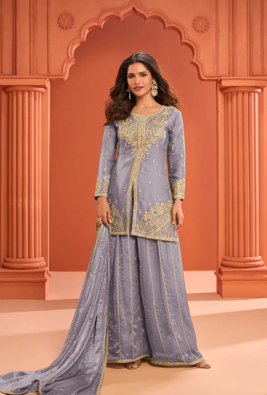 Warm Grey Fendi Silk Embroidery Salwar Suit