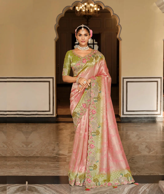 Sweet Pink Jacquard Silk Embroidery & Hand Work Saree