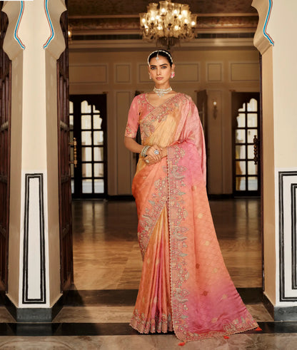 Shaded Pink Jacquard Silk Embroidery & Hand Work Saree
