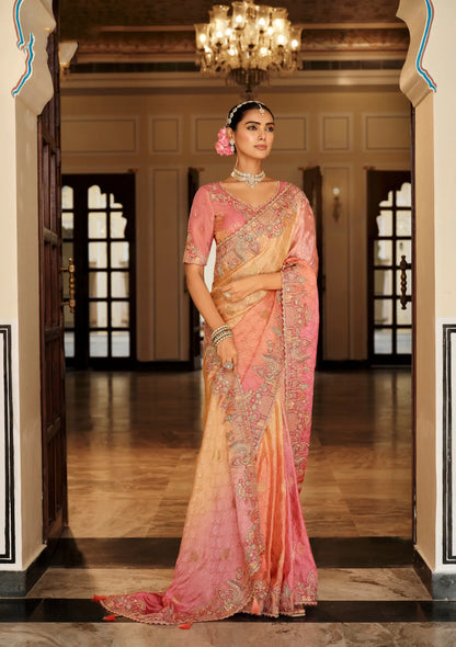 Shaded Pink Jacquard Silk Embroidery & Hand Work Saree