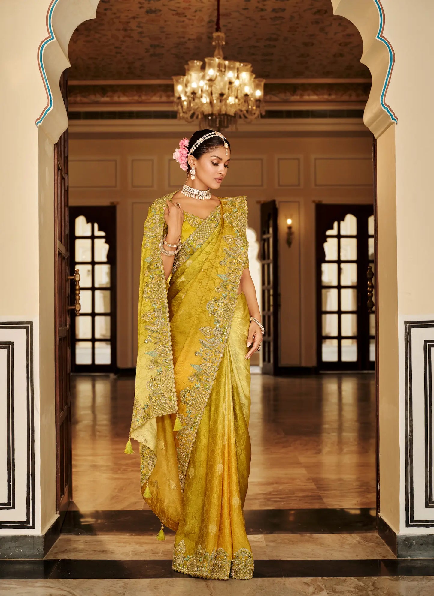Shaded Yellow Jacquard Silk Embroidery & Hand Work Saree