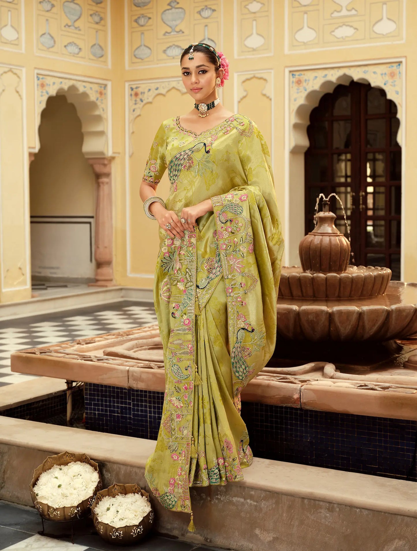 Parrot Green Jacquard Silk Embroidery & Hand Work Saree
