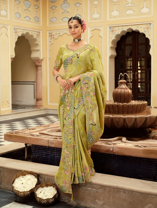 Parrot Green Jacquard Silk Embroidery & Hand Work Saree