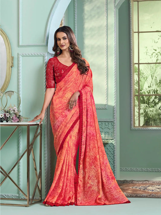 Peach Crystal Chiffon Party Wear Saree With Sequence & Thread Embroidery Work