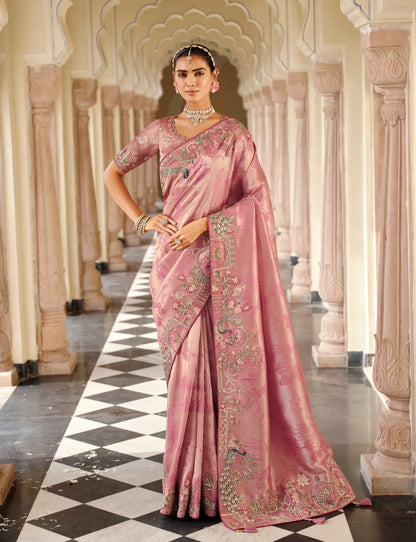 Dusty Pink Jacquard Silk Embroidery & Hand Work Saree