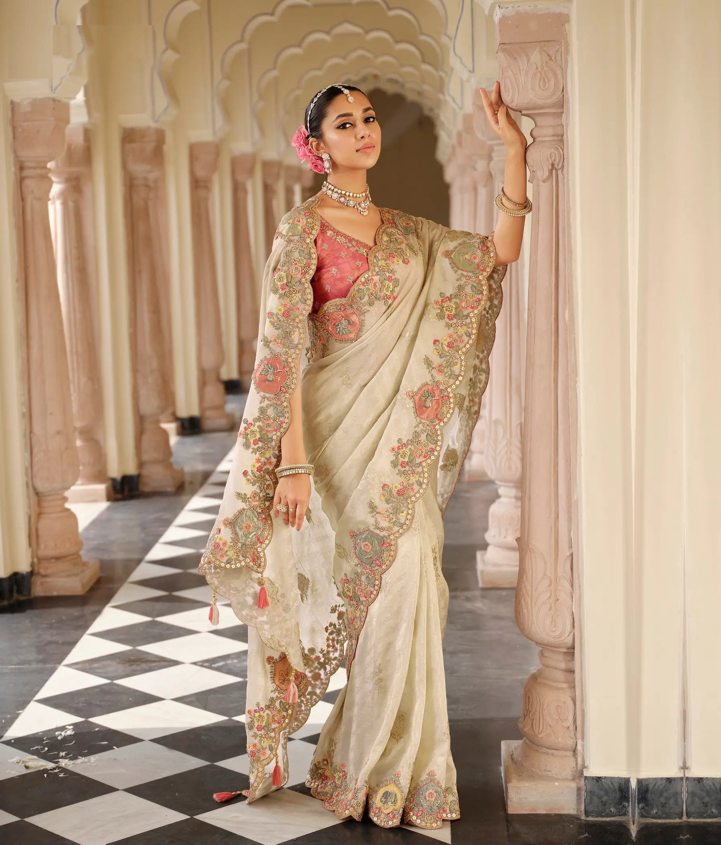 Vanilla White Jacquard Silk Embroidery & Hand Work Saree